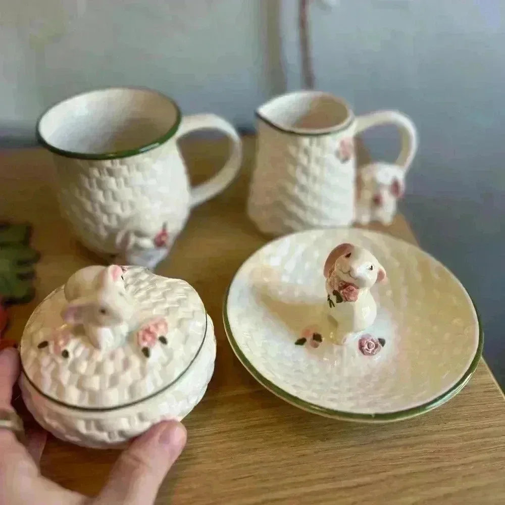 Vintage Avon Easter Bunny Ceramic Milk Pitcher, Sugar Box & Candy Dish Set